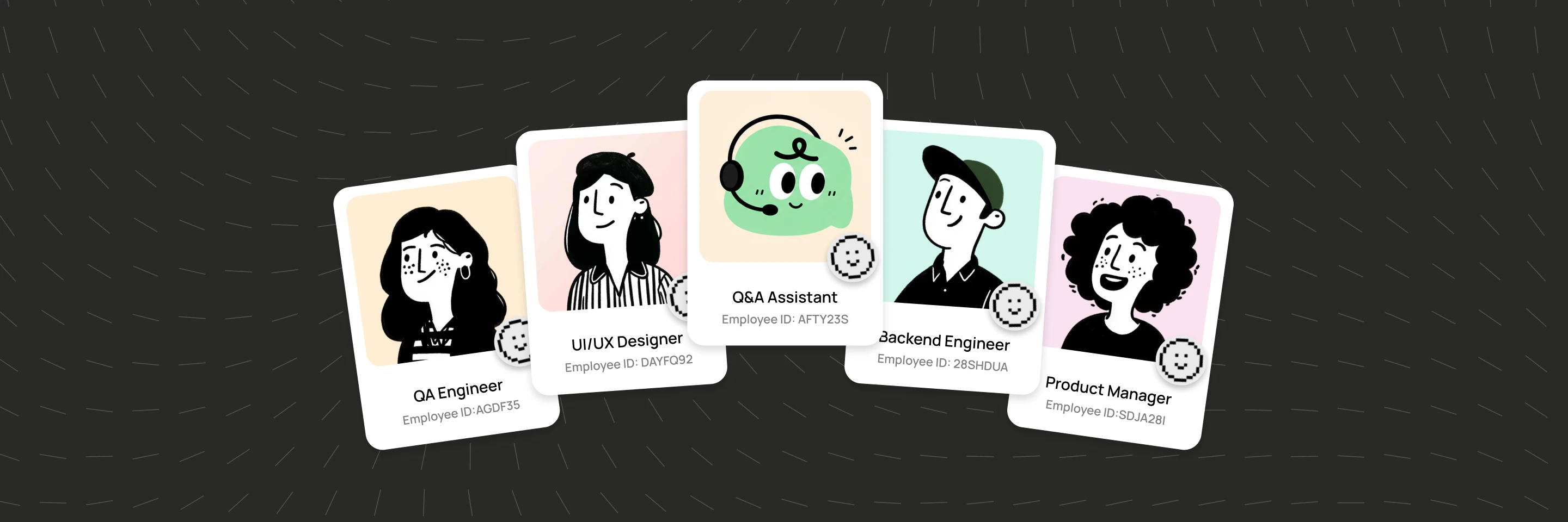 QoderWake agent role cards: Q&A Assistant centered among QA Engineer, UI/UX Designer, Backend Engineer, and Product Manager