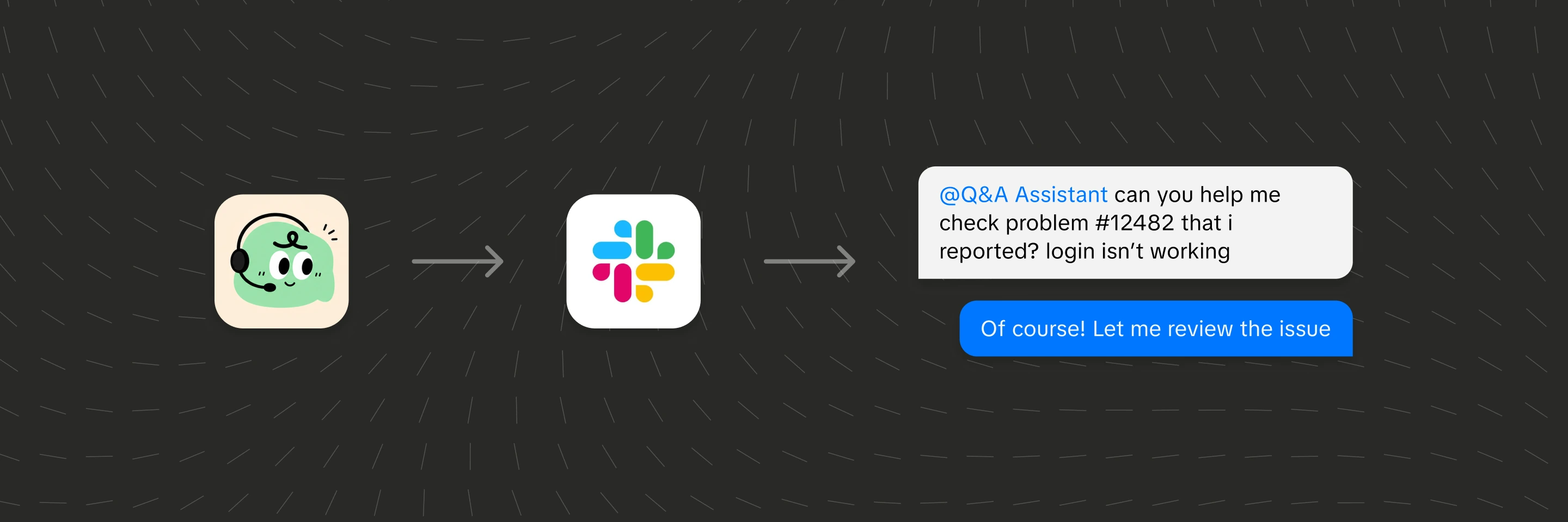 Q&A Assistant connected to Slack, responding to a teammate asking for help with a reported login issue