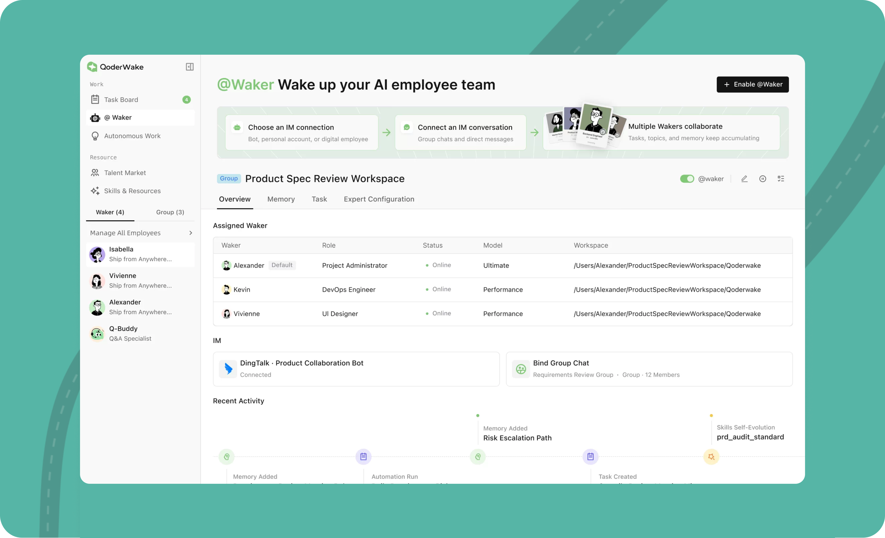 QoderWake’s Product Spec Review Workspace showing assigned AI employees, messaging connections, group chat, and recent activity