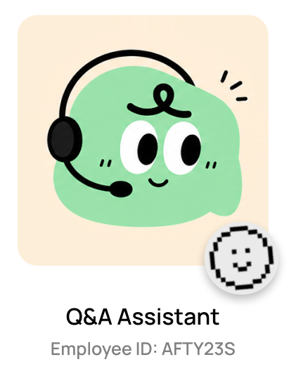Q&A Assistant employee card with a green character wearing a headset and employee ID AFTY23S
