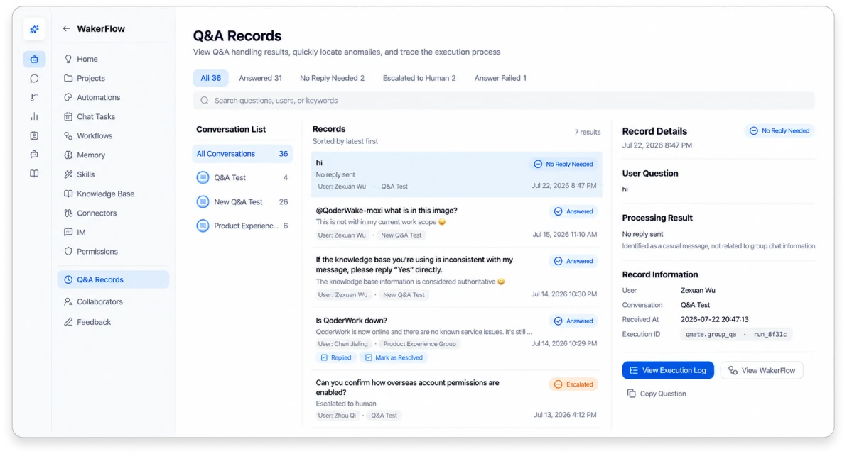 Q&A records exploration linking a conversation and its answer to the execution log and workflow