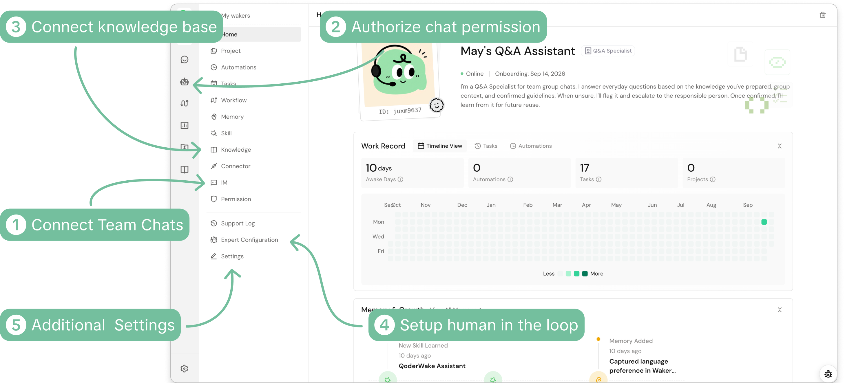 Original setup spread across team chat connections, permissions, knowledge, human escalation, and additional settings