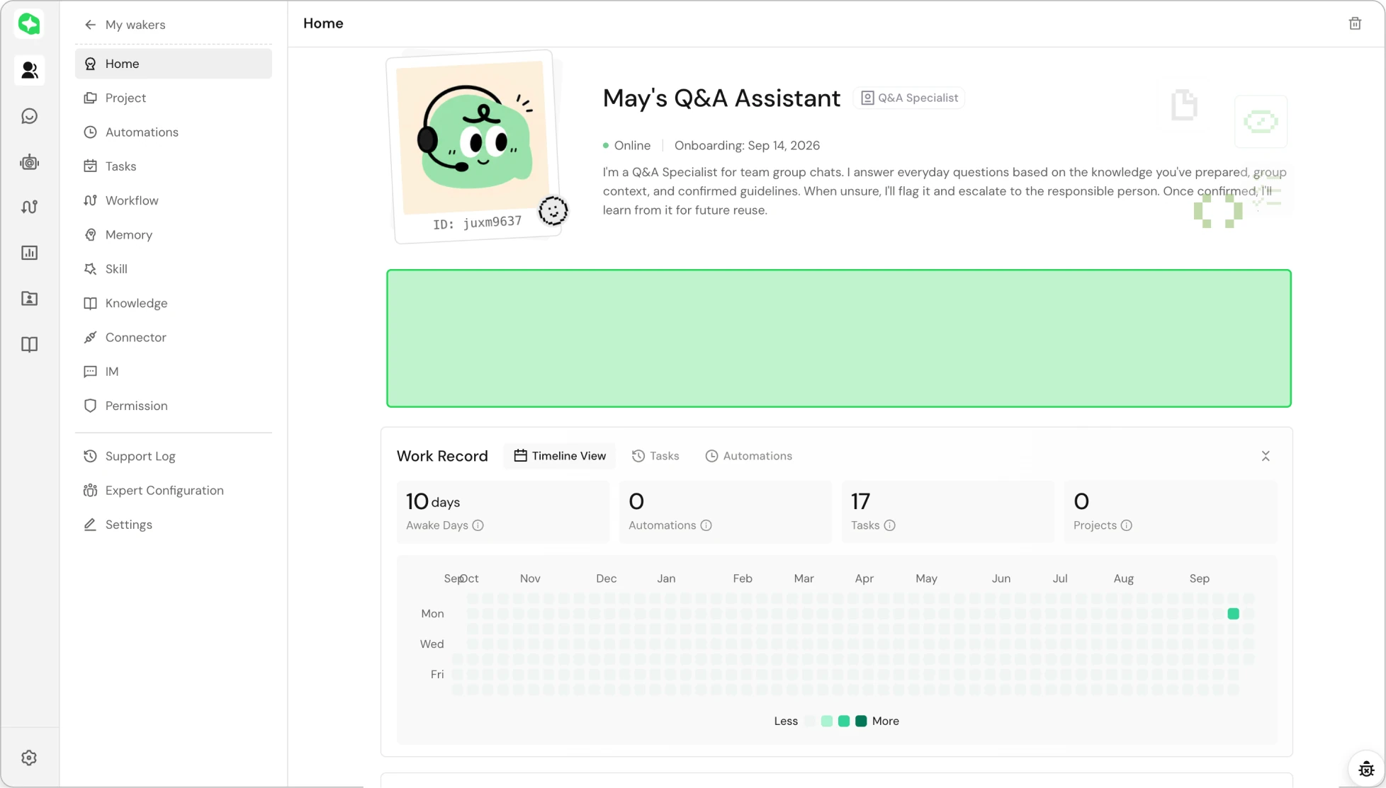Homepage exploration with the setup progress area highlighted beneath the assistant profile and above work records